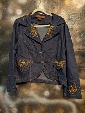Women's Dark Blue Embroidered Denim Jacket Vintage